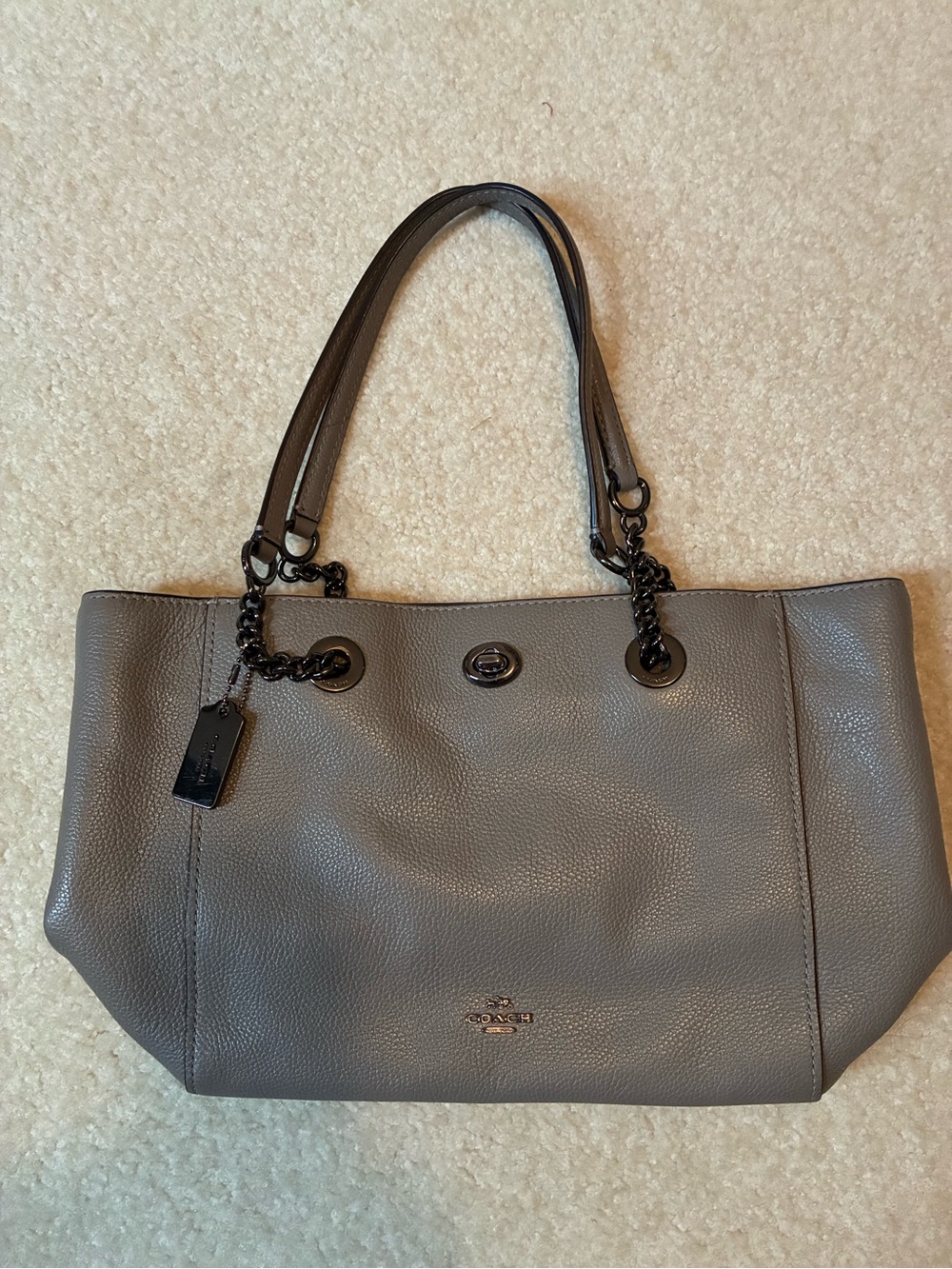 Coach Pebbled Leather Tote in Gray with Chain-Link Accents